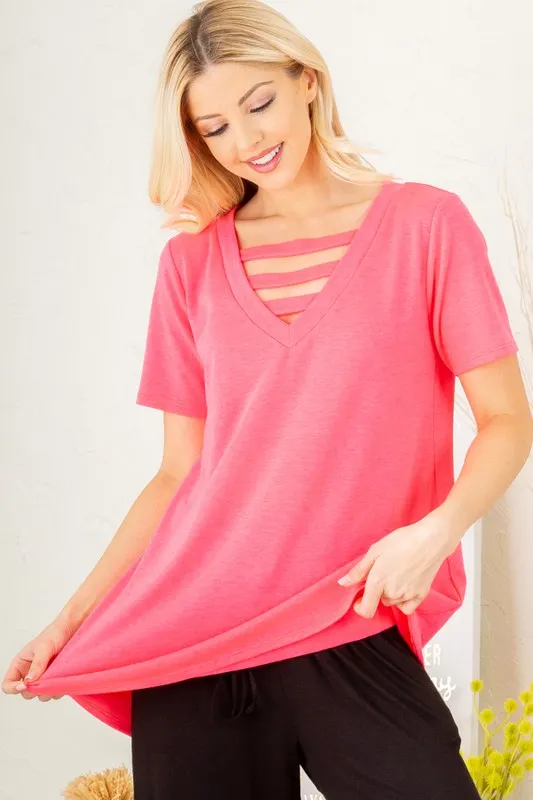 Full Size V-Neck Short Sleeve T-Shirt with Bar Detail Plus Size, image 8