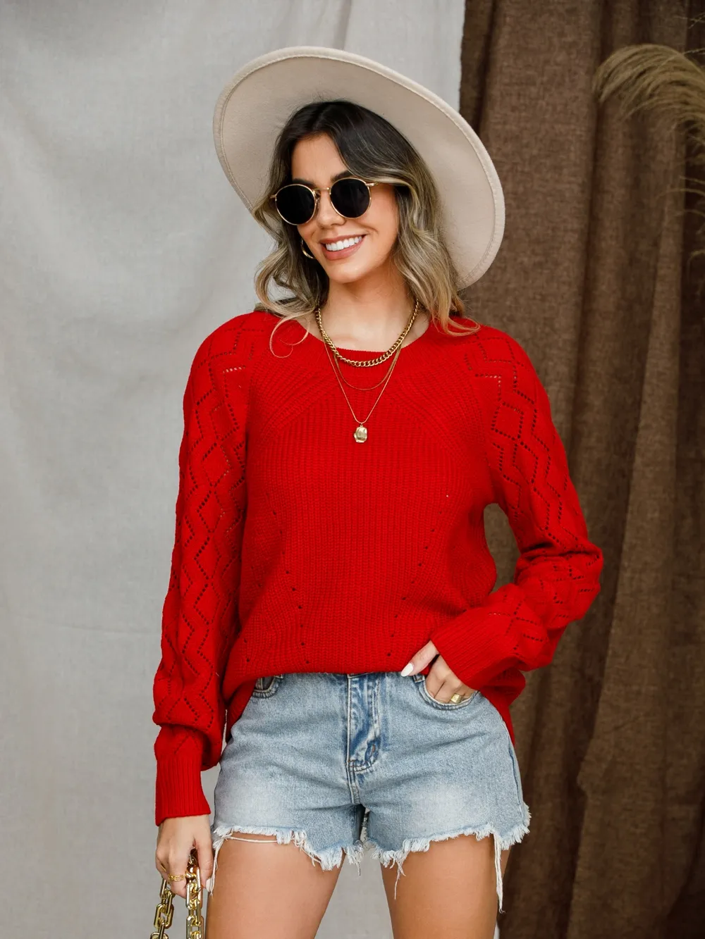 Openwork Round Neck Raglan Sleeve Sweater, image 31