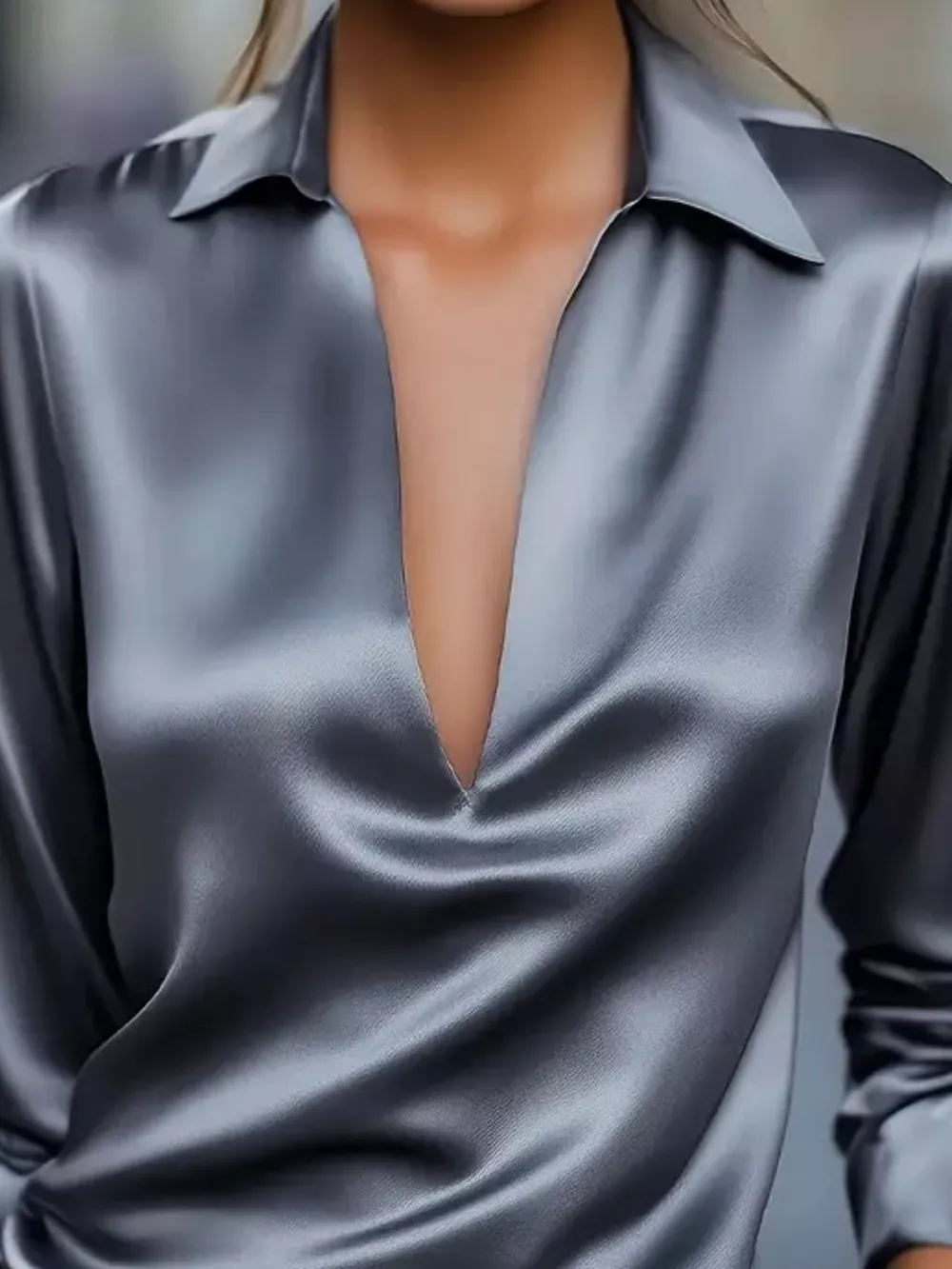 Satin Johnny Collar Long Sleeve Blouse, image 9