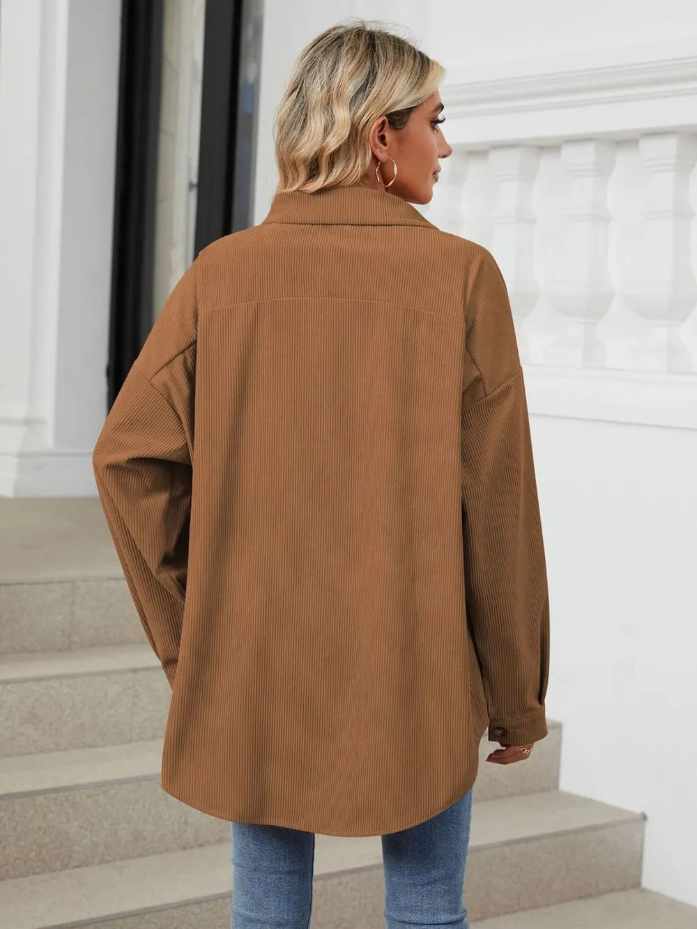 Collared Neck Long Sleeve Dropped Shoulder Shirt, image 3