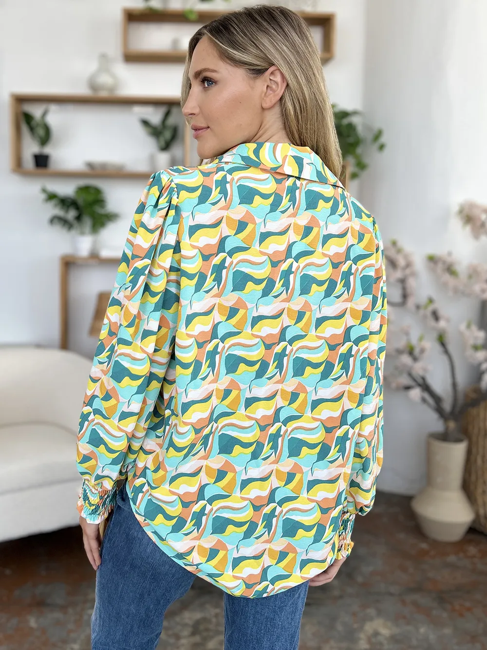 Full Size Printed Smocked Long Sleeve Blouse, image 2