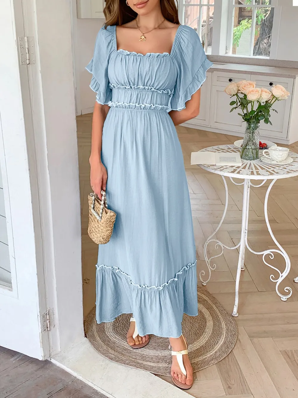 Square Neck Puff Sleeve Ruffle Trim Maxi Dress, image 12
