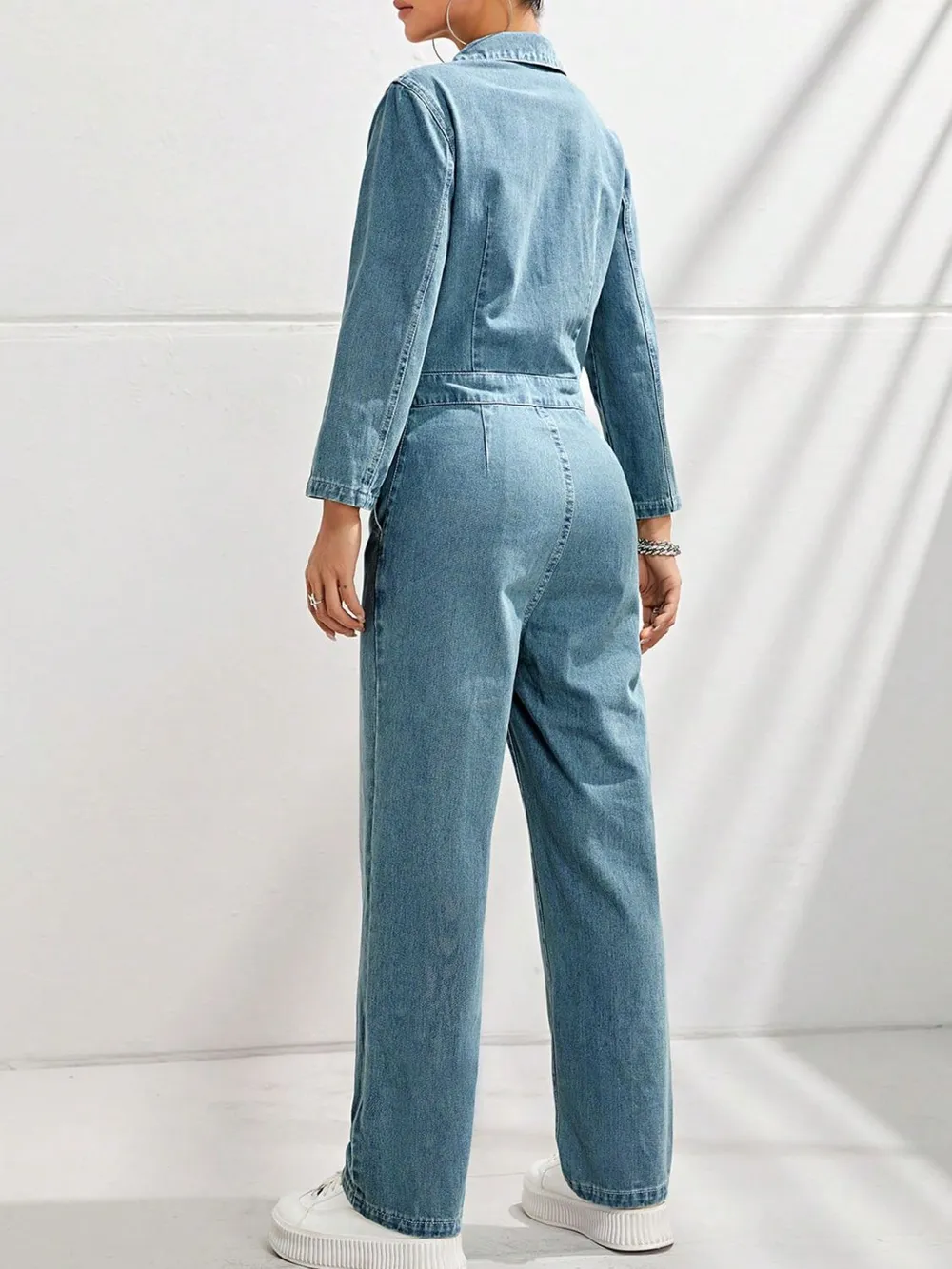 Half Button Long Sleeve Straight Leg Denim Jumpsuit, image 2