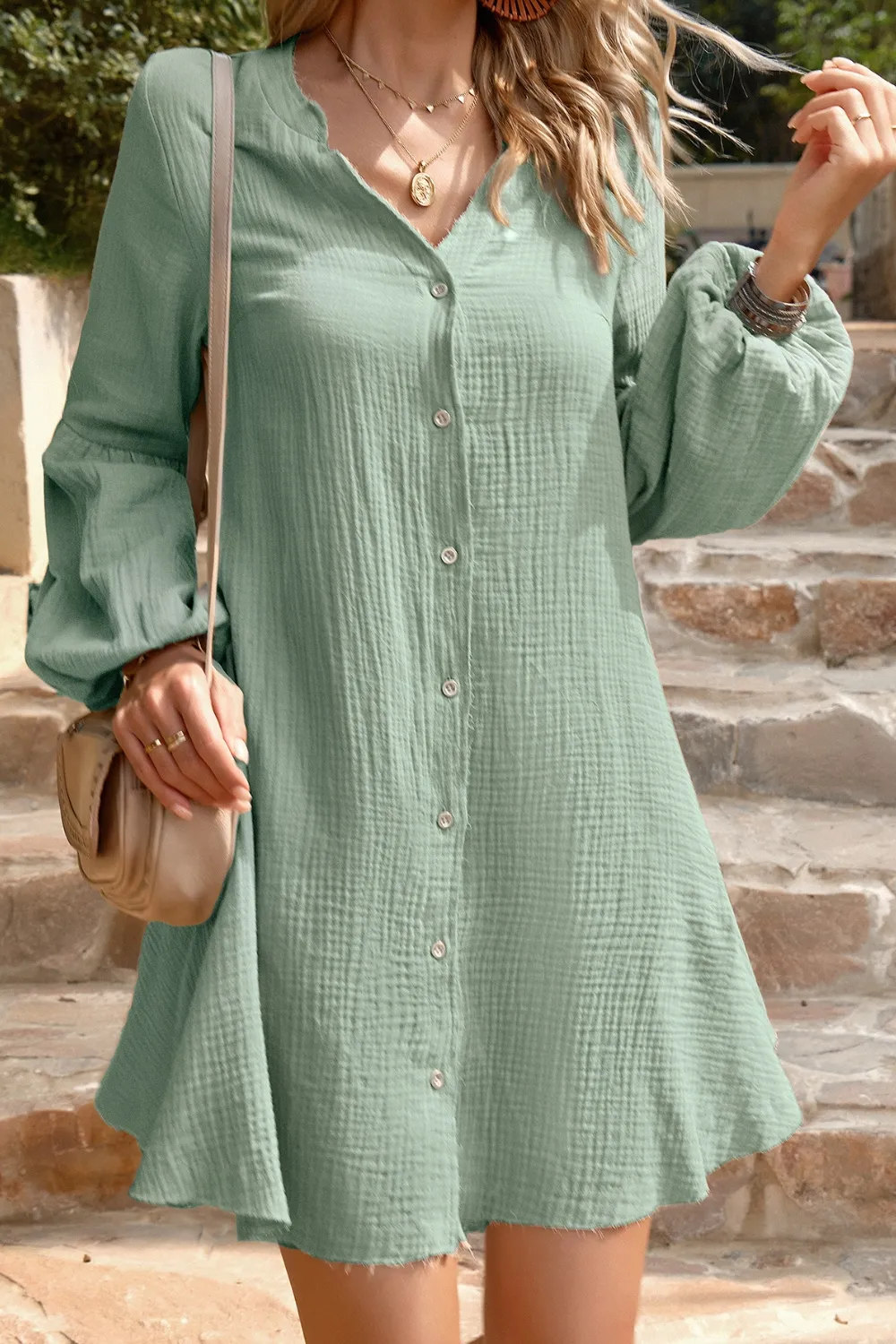 Notched Balloon Sleeve Mini Dress, image 4