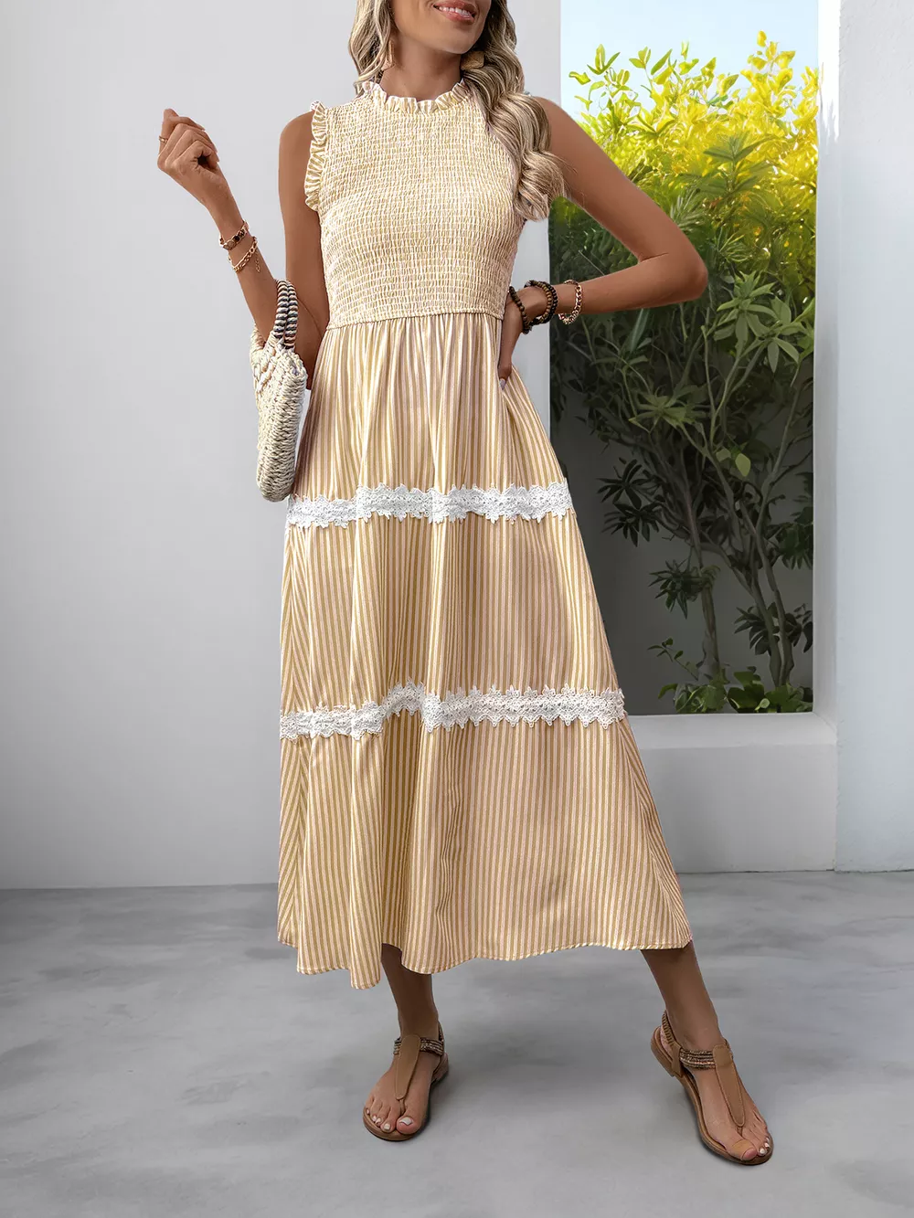 Striped Smocked Sleeveless Tiered Midi Dress, image 2