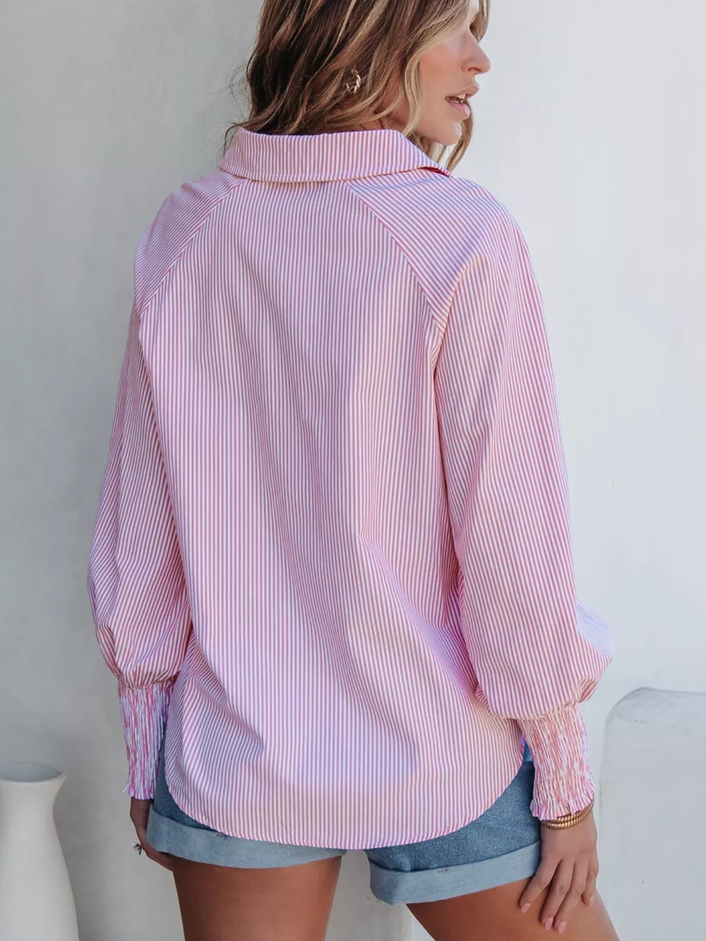 Pinstripe Long Sleeve Smocked Cuffs Button Shirt Collar Blouse, image 2