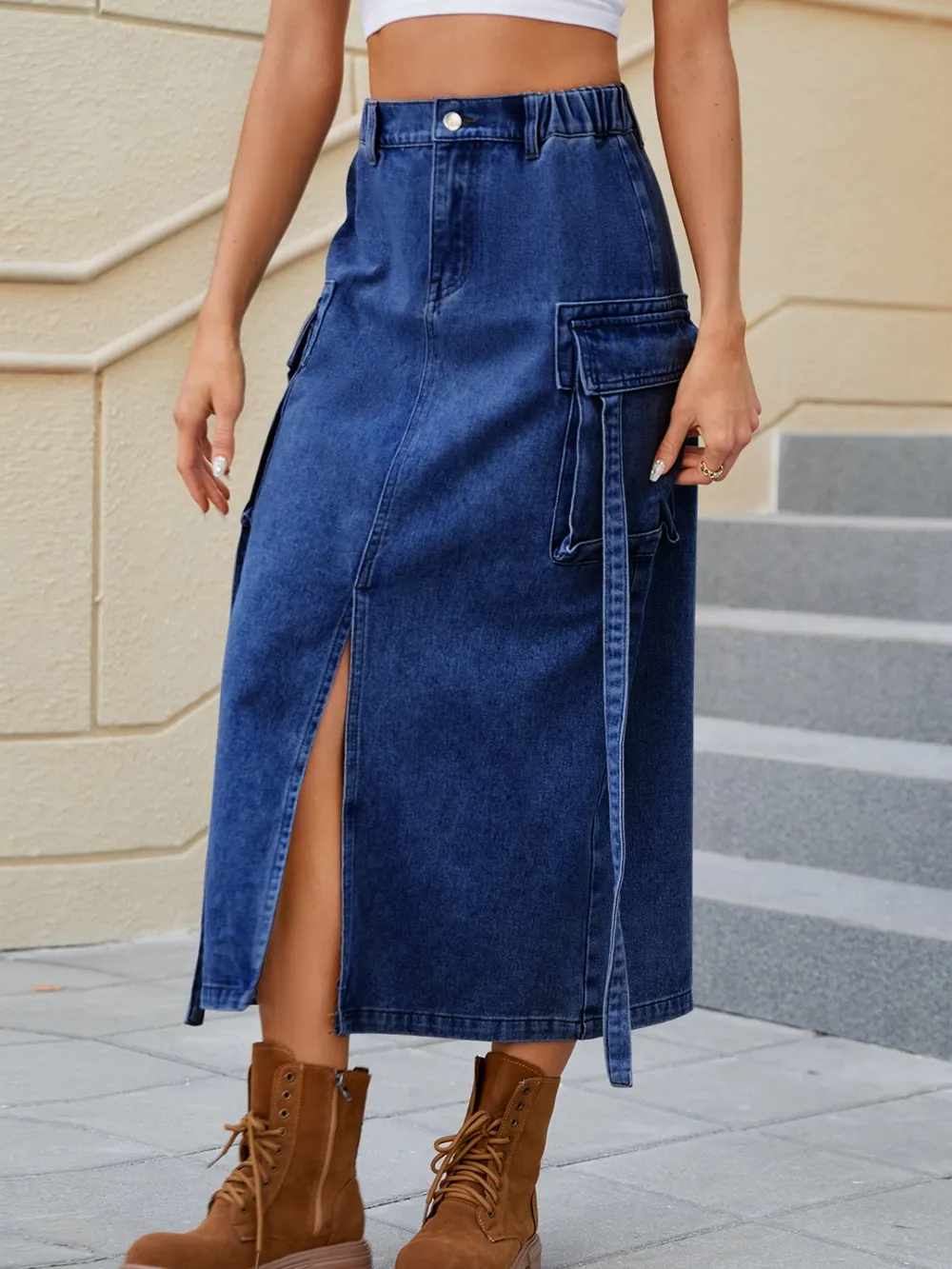 Slit Pocketed High Waist Denim Skirt, image 2