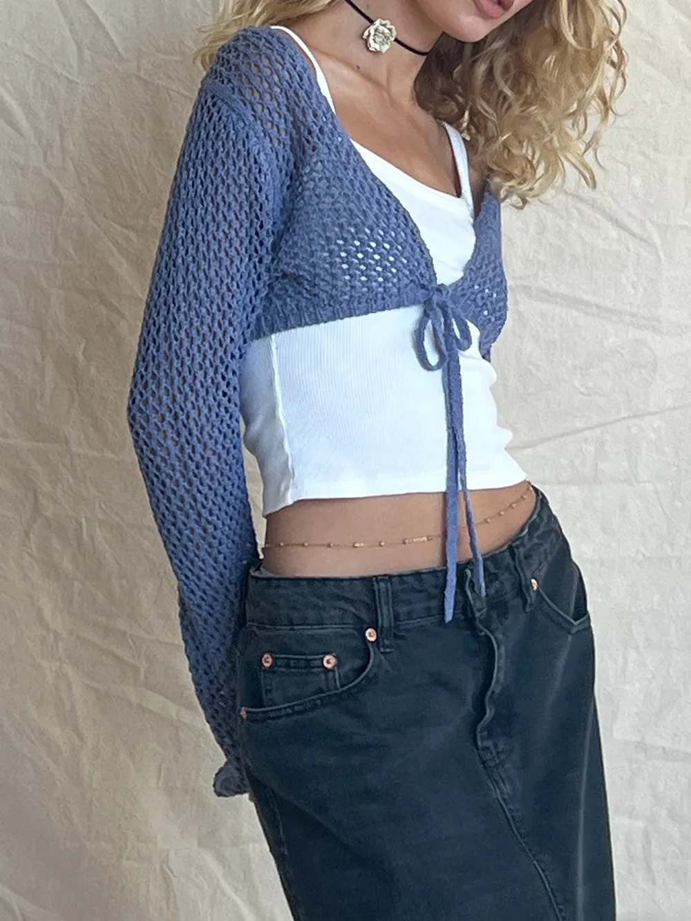 Openwork Tied Dropped Shoulder Cardigan, image 3