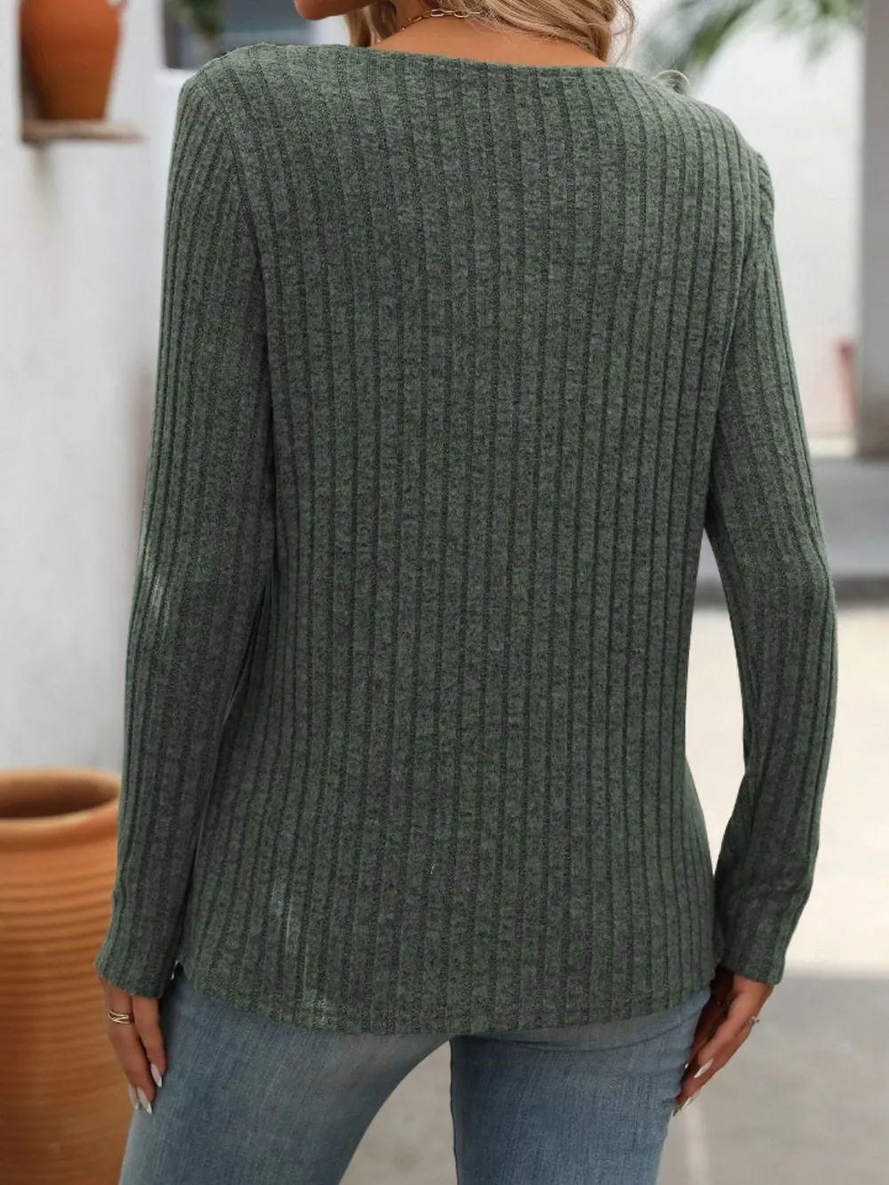 Ribbed V-Neck Long Sleeve T-Shirt, image 11