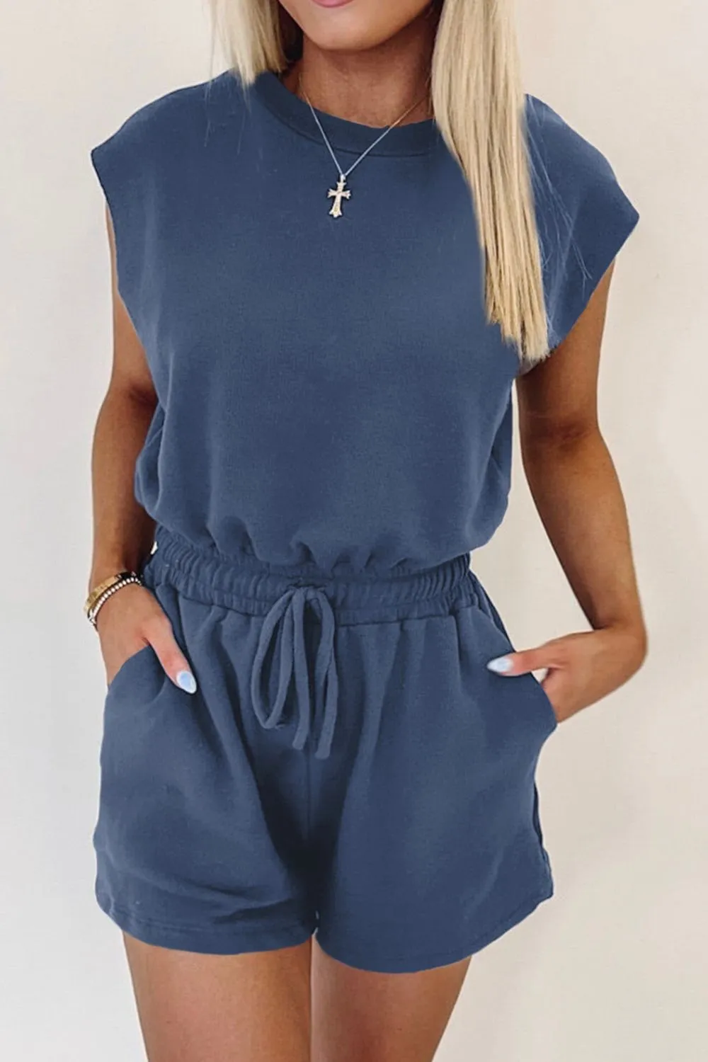 Round Neck Drawstring Waist Romper