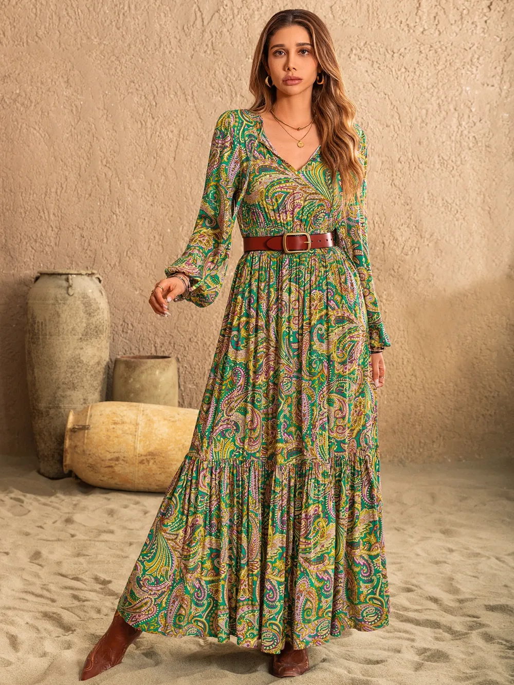Printed Tie Neck Long Sleeve Dress, image 2