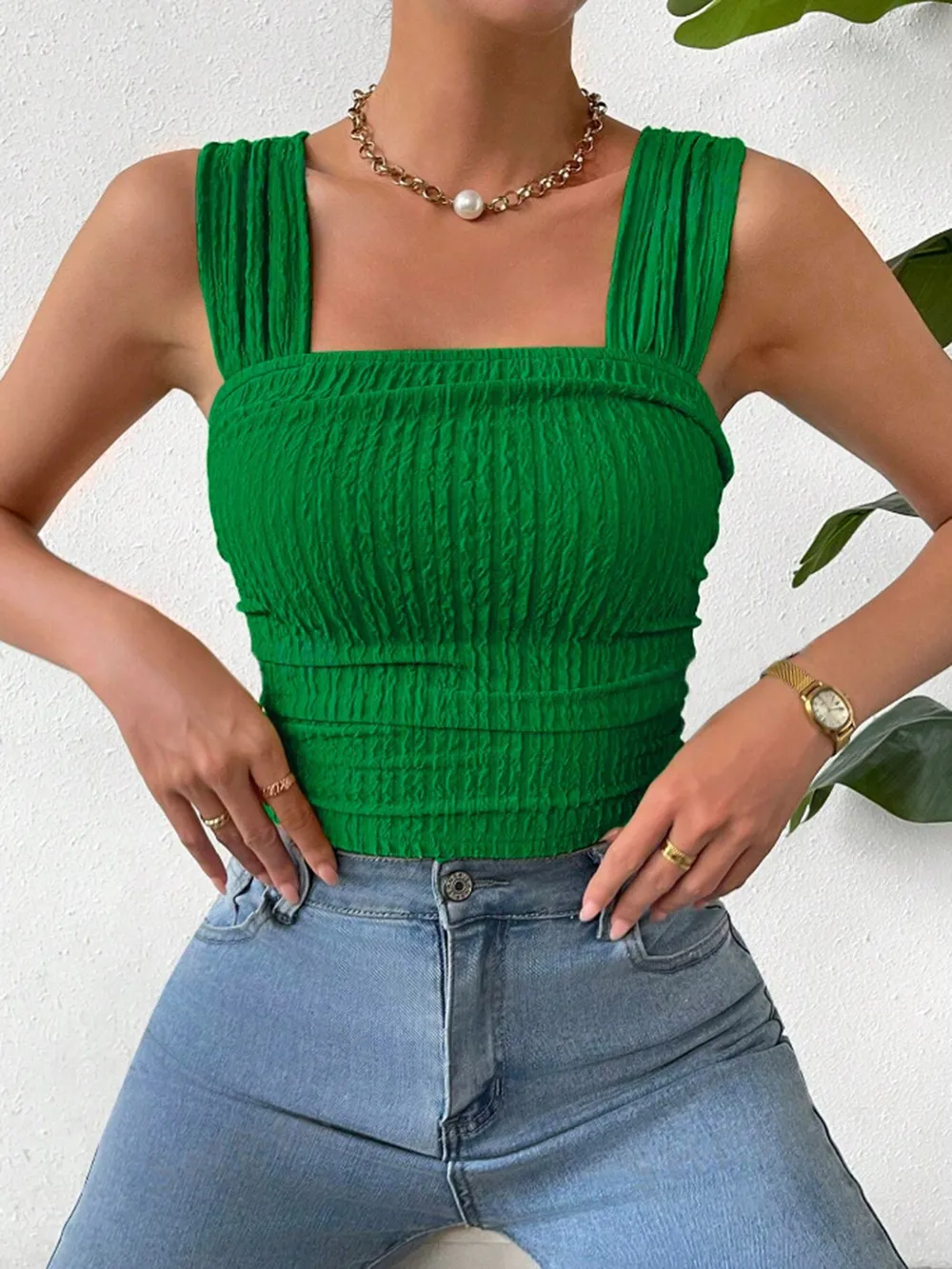 Textured Square Neck Wide Strap Tank, image 4