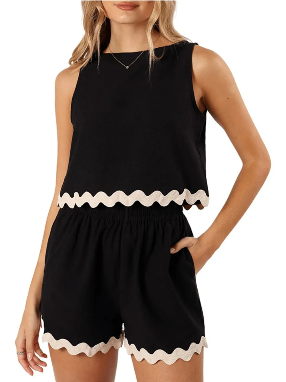 Contrast Trim Round Neck Top and Shorts Set, image 3