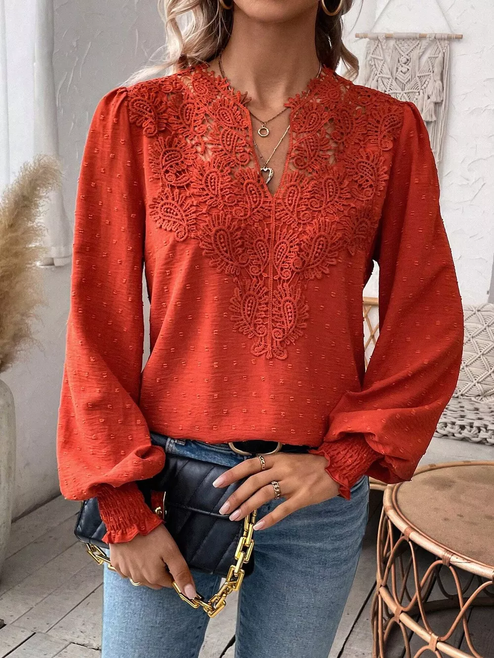 Swiss Dot Lace Detail Long Sleeve Blouse, image 4