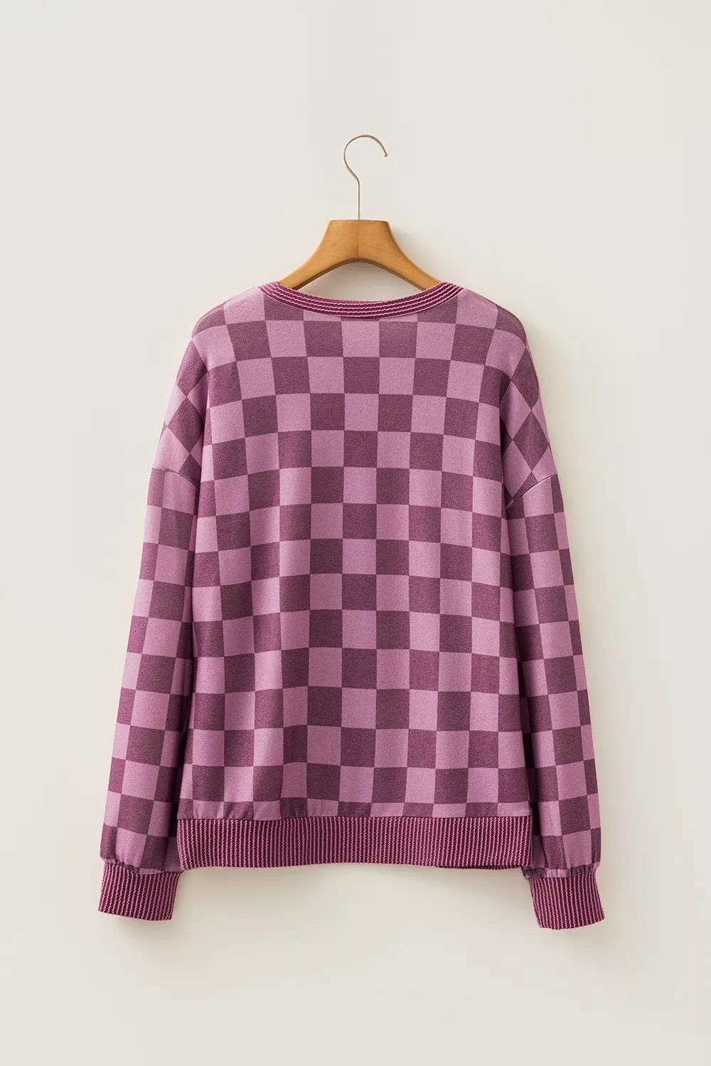Ribbed Trim Checkered Print Long Sleeve Pullover Top, image 8