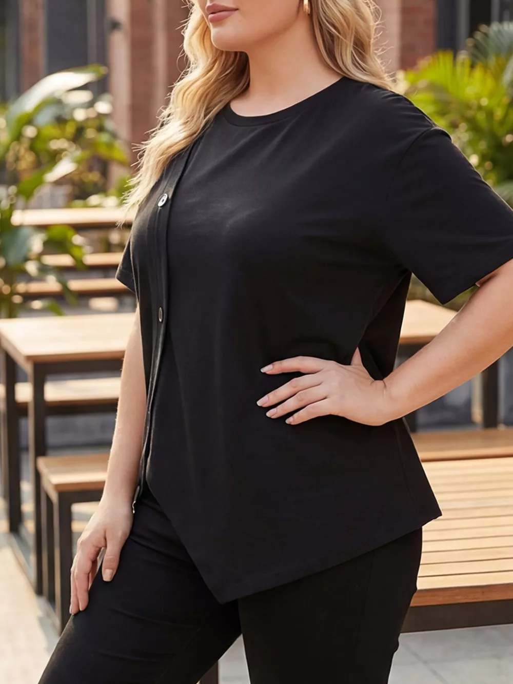 Plus Size Asymmetrical Button Decor Short Sleeve T-Shirt, image 3