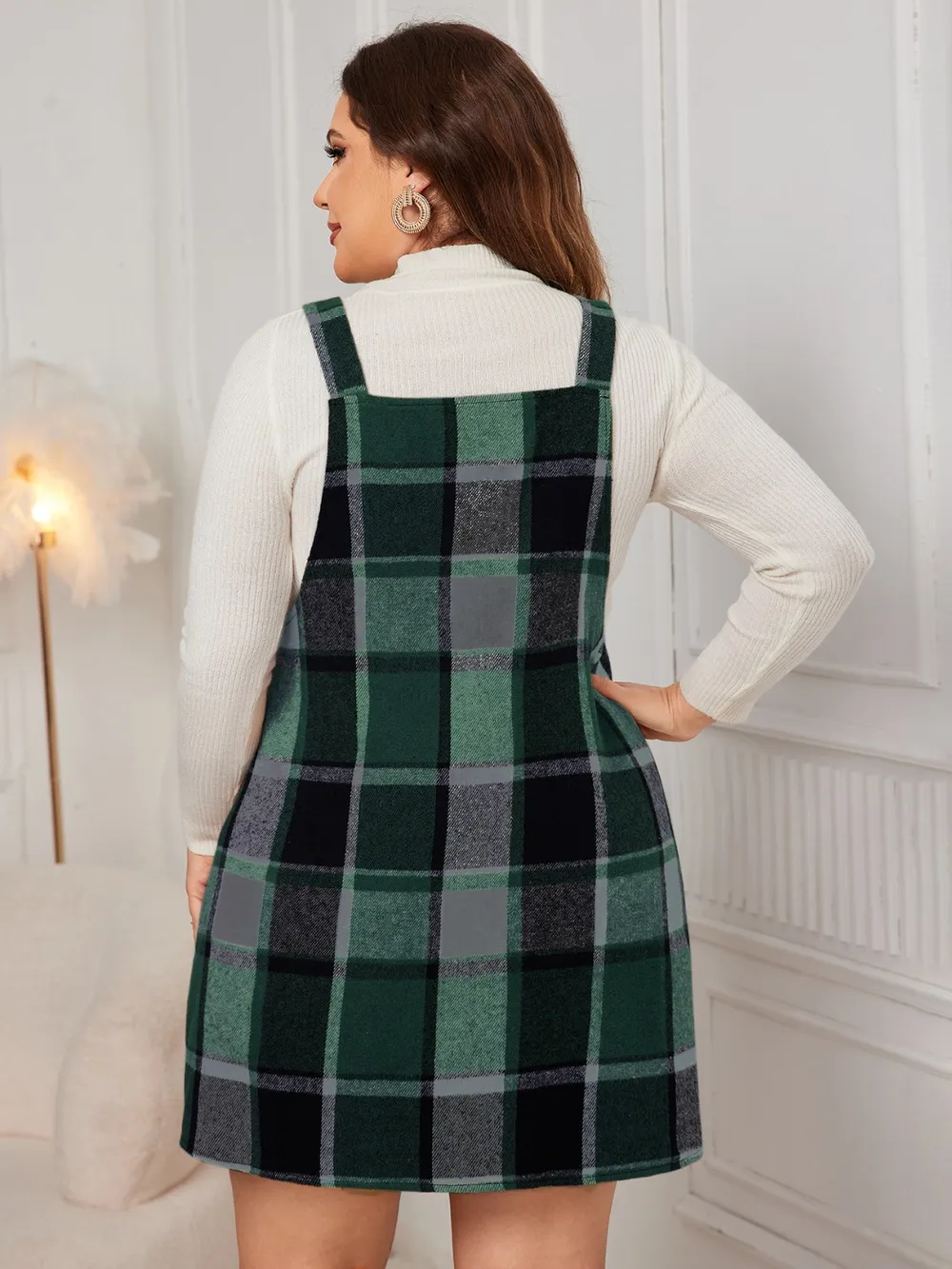 Plus Size Plaid Wide Strap Overall Dress, image 3