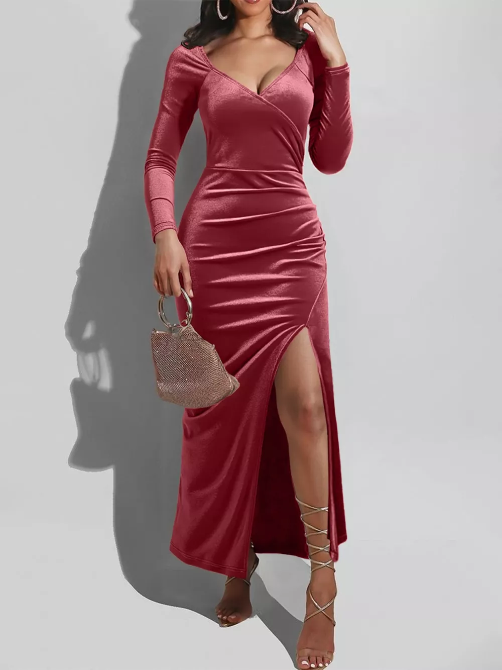 Long Sleeve Wrap Midi Dress with Slit, image 3
