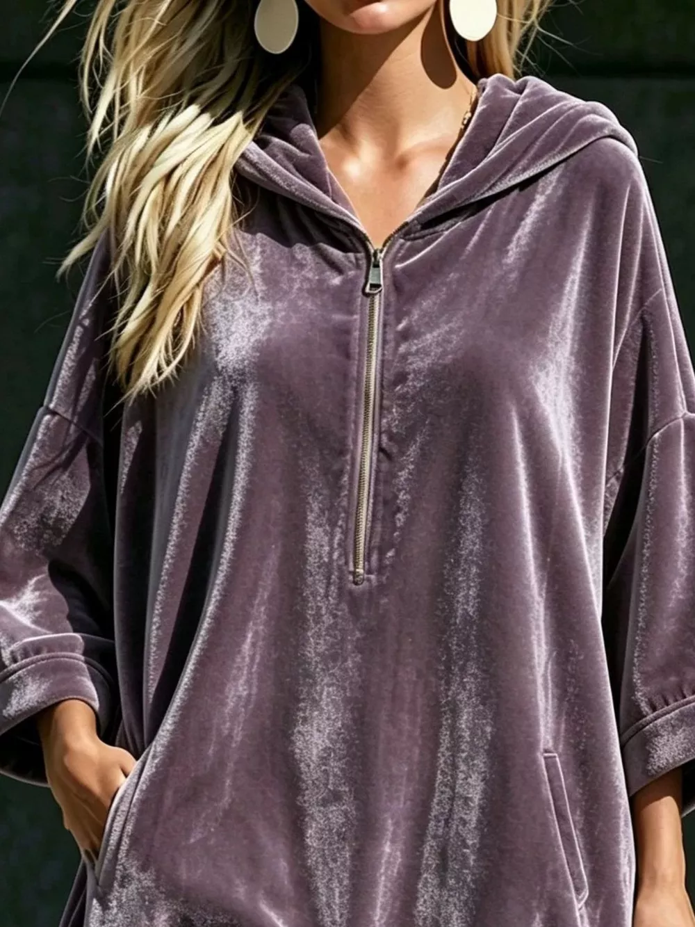 Full Size Half-Zip 3/4 Sleeve Hoodie Dress Plus Size, image 14