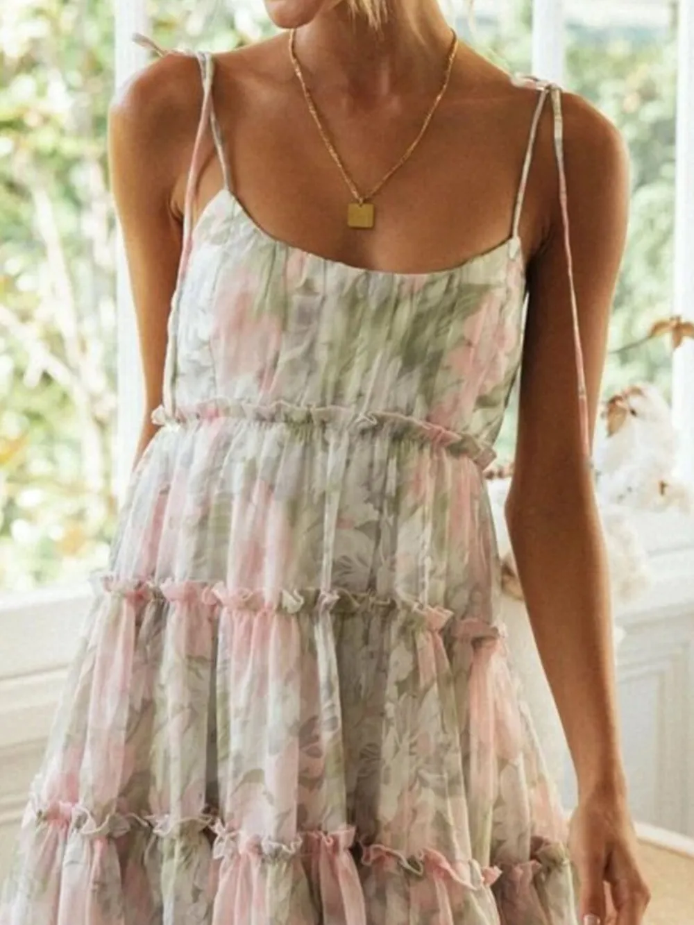Printed Tie-Strap Tiered Mini Dress, image 11