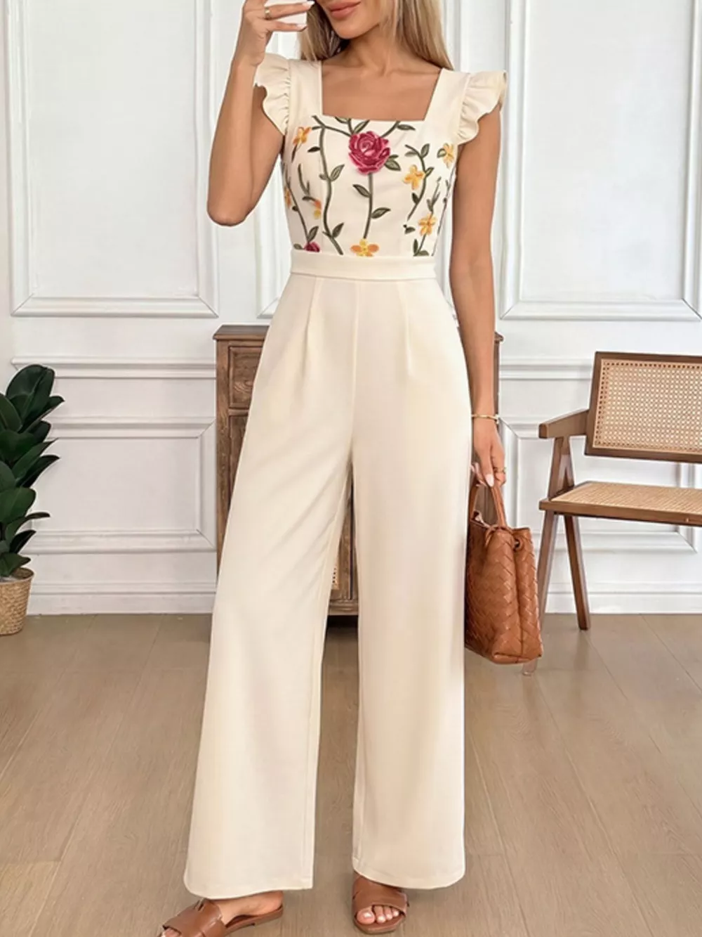 Floral Embroidered Ruffle Trim Jumpsuit, image 4