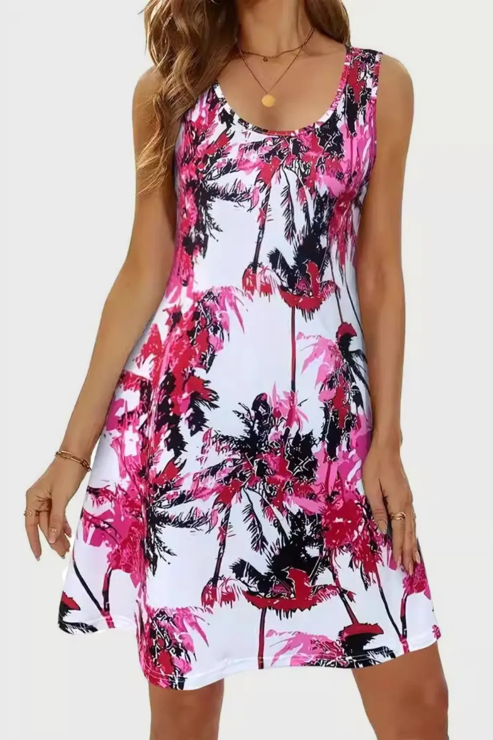 Printed Scoop Neck Wide Strap Mini Dress, image 2
