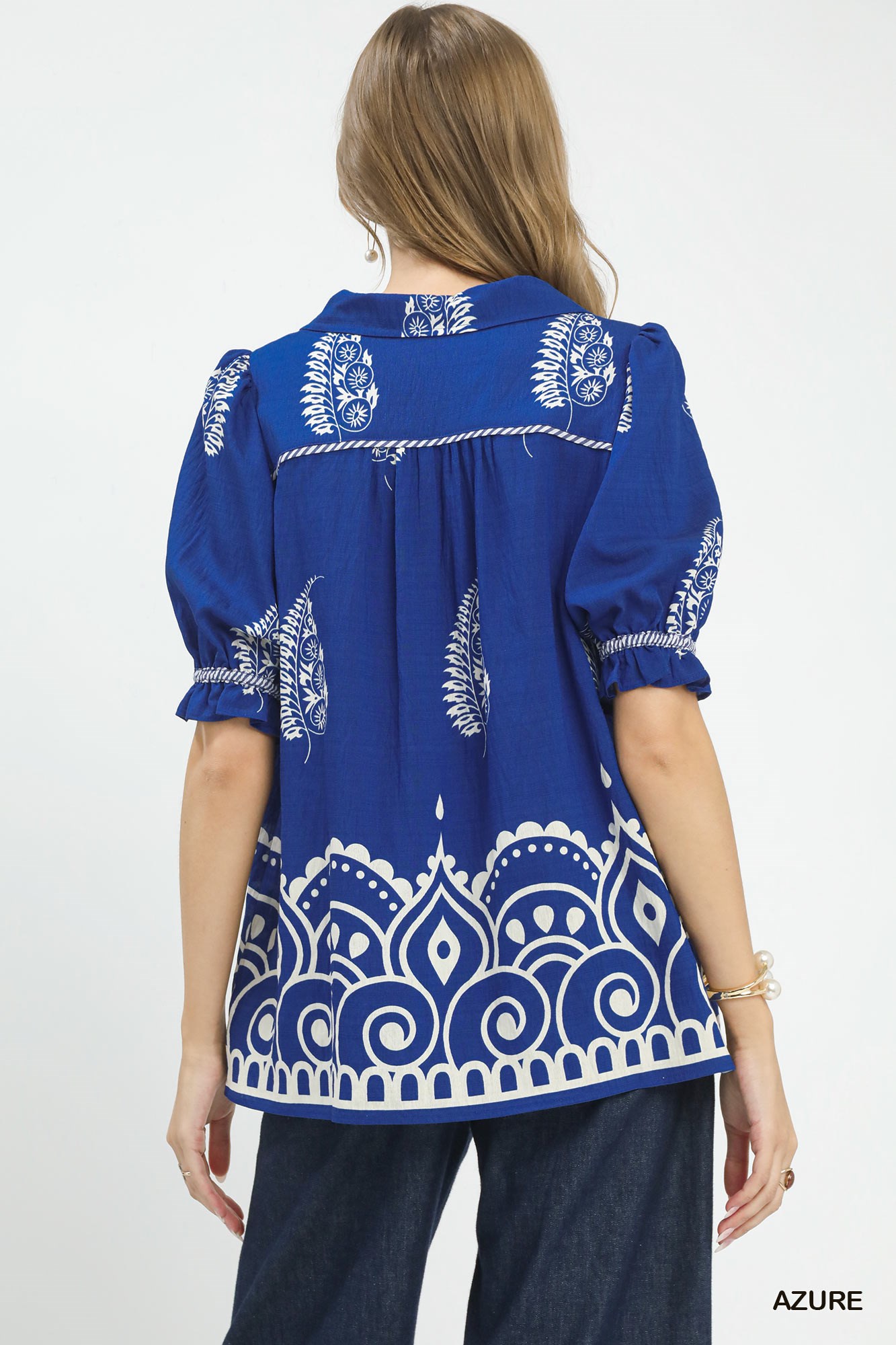 Printed Puff Sleeve Split Neck Top, image 3