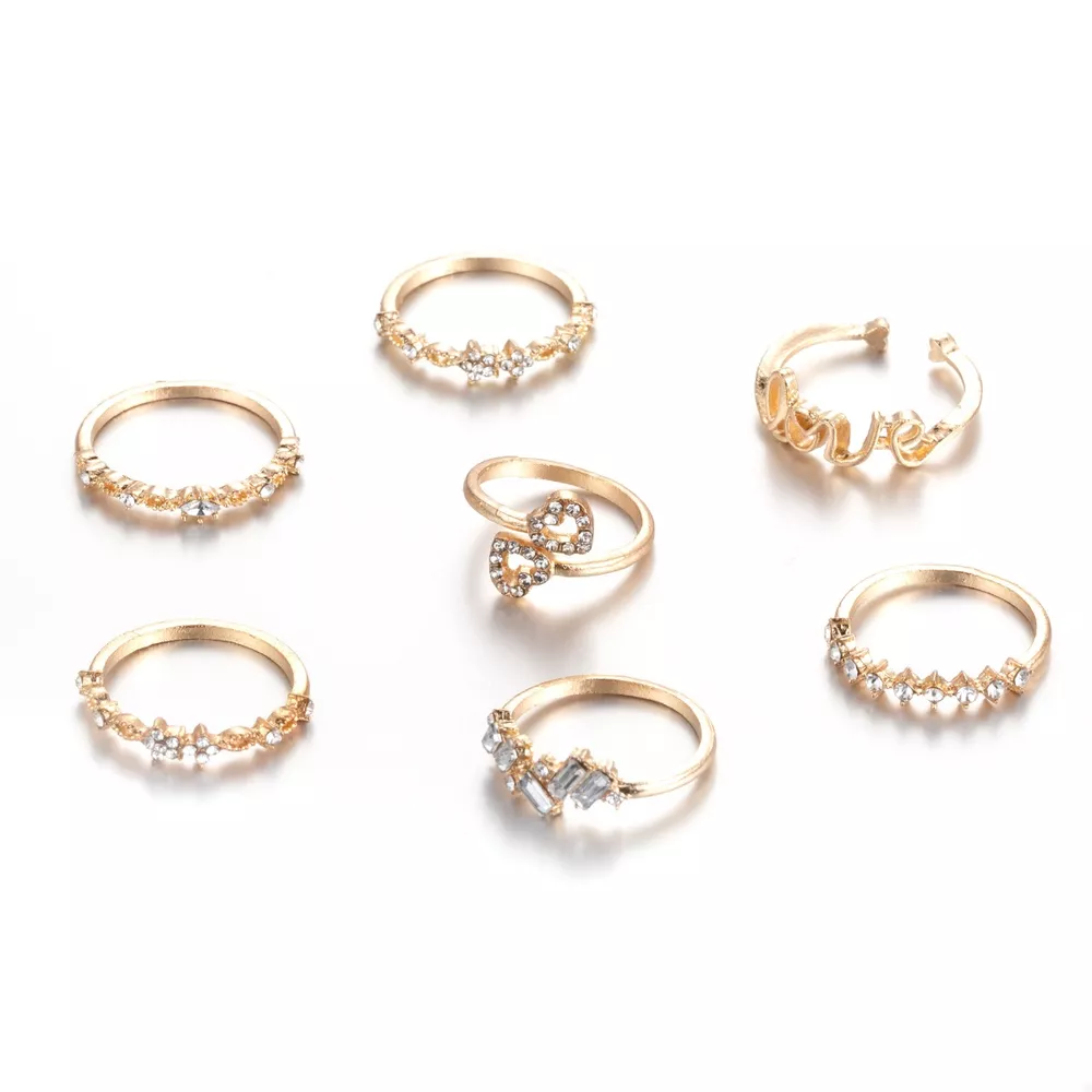 7 Piece 18K Gold-Plated LOVE Zircon Ring Set, image 2