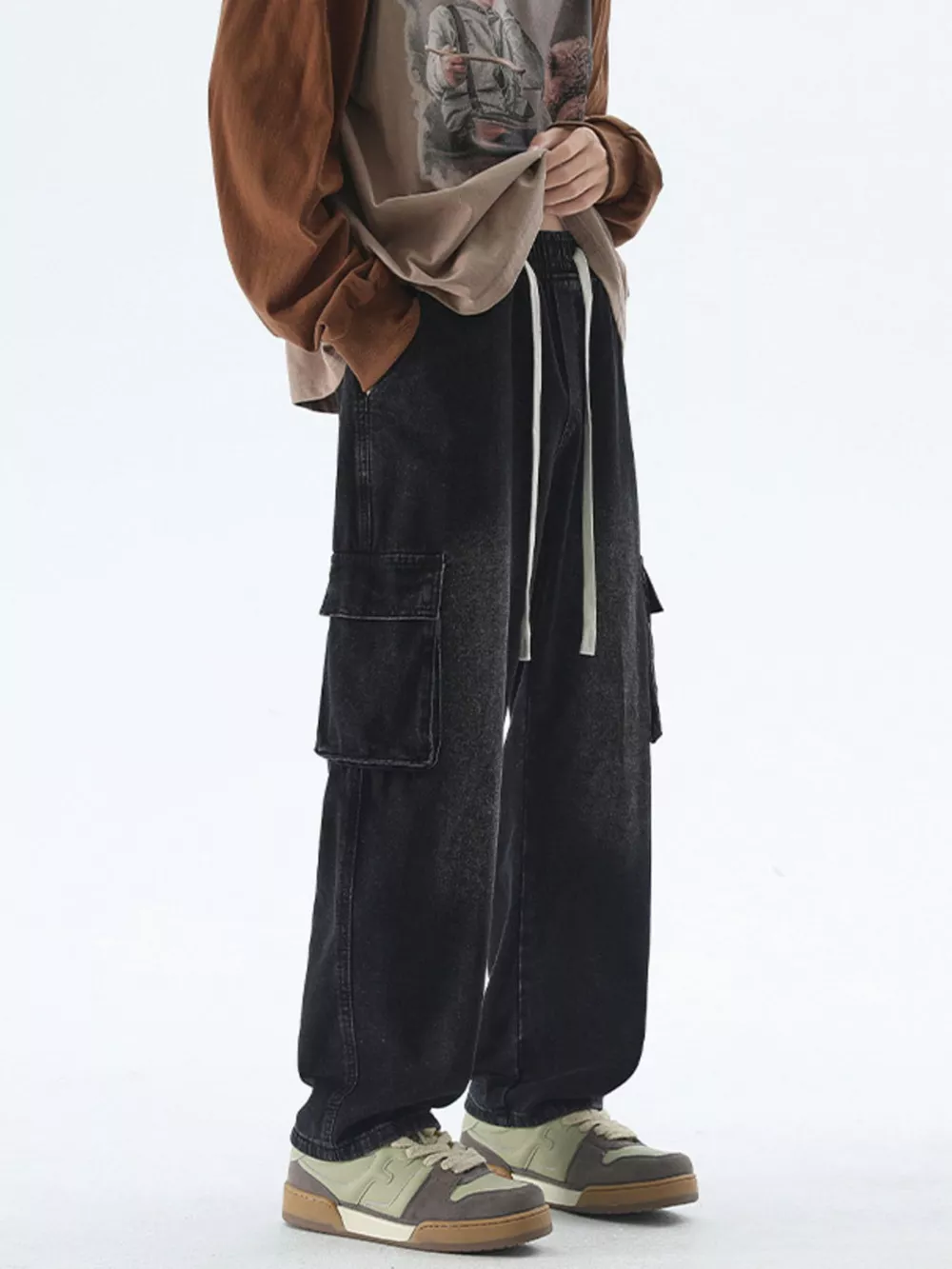 Men's Drawstring Wash Wide Leg Jeans, image 7