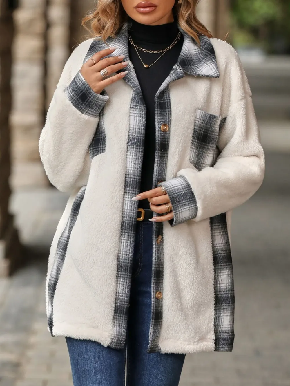 Plaid Contrast Dropped Shoulder Coat, image 9