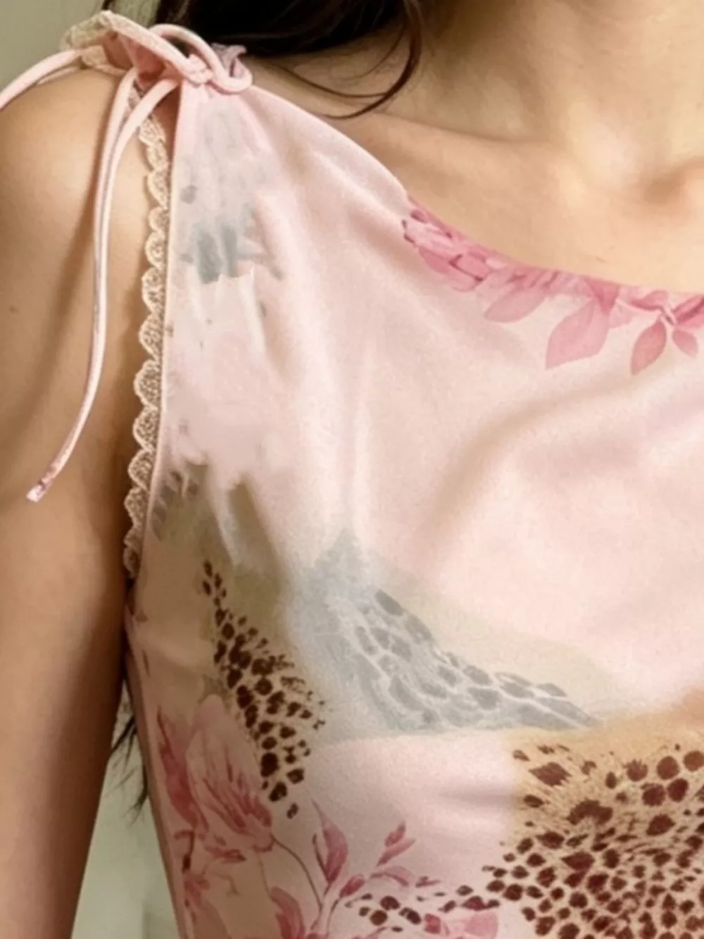 Floral Leopard Print Tie-Strap Mesh Cami, image 3