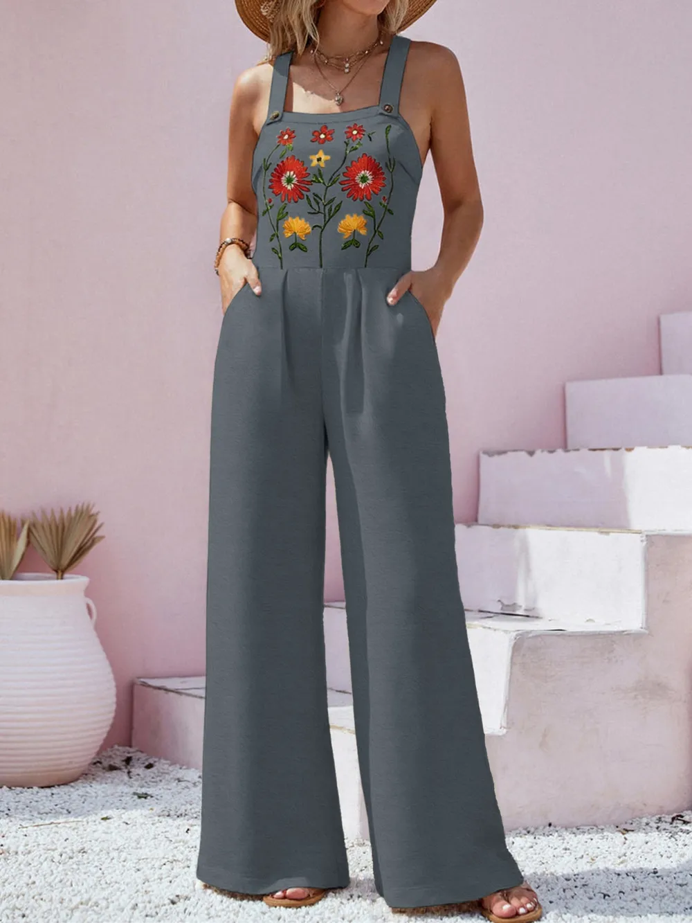 Floral Embroidered Wide Leg Jumpsuit, image 2