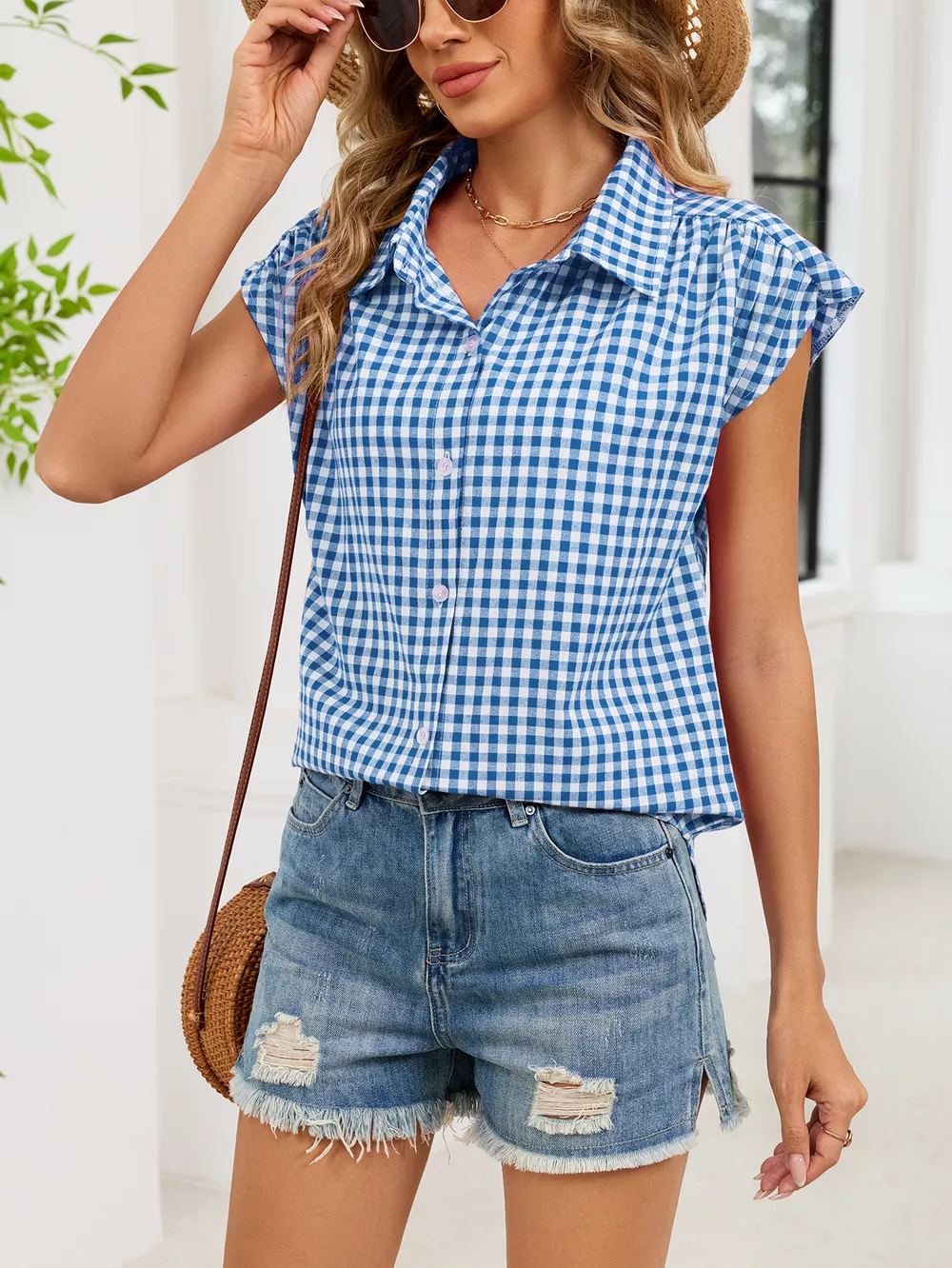 Plaid Button Up Cap Sleeve Shirt, image 32