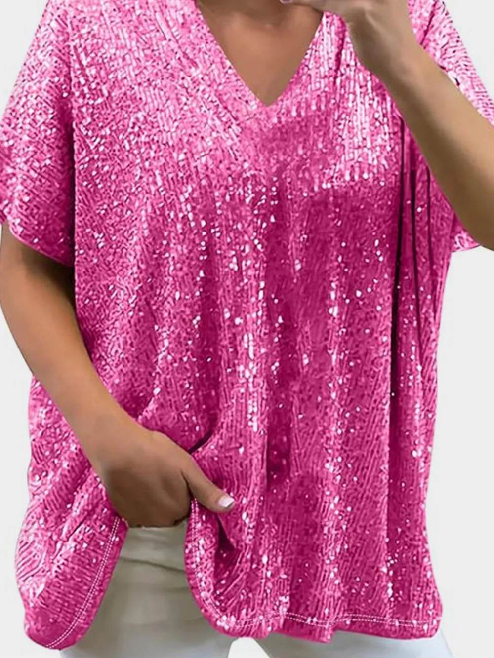 Full Size Sequin V-Neck Short Sleeve Top, image 3