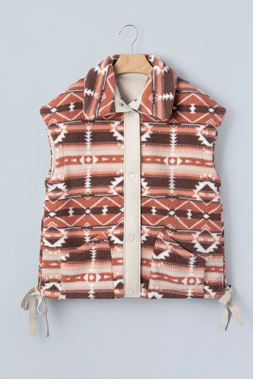 Geometric Print Fleece Metal Button Placket Shift Silhouette Vest, image 9