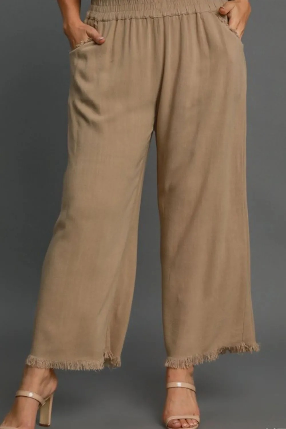 Full Size Linen Blend Elastic Waistband Wide Leg Pants Plus Size, image 2