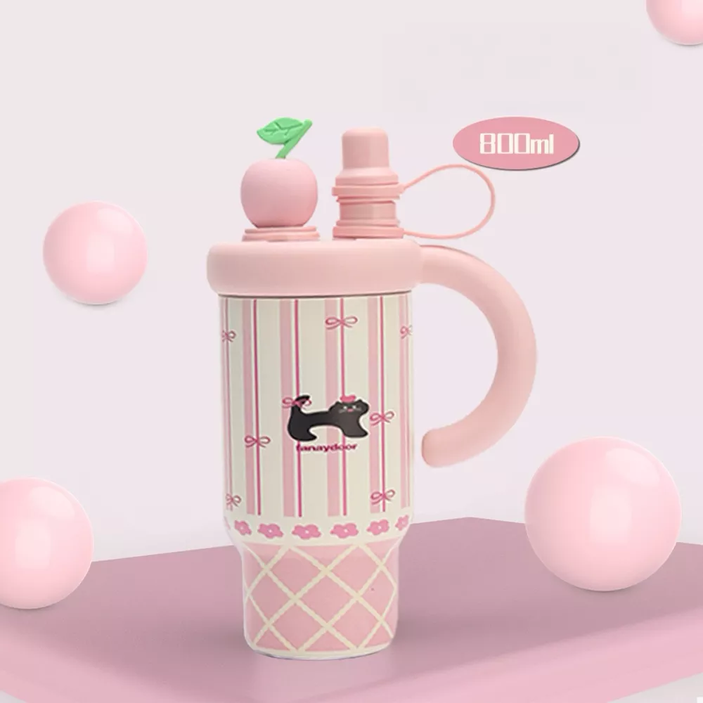 Colorful Cartoon Water Bottles with Straw and Handle