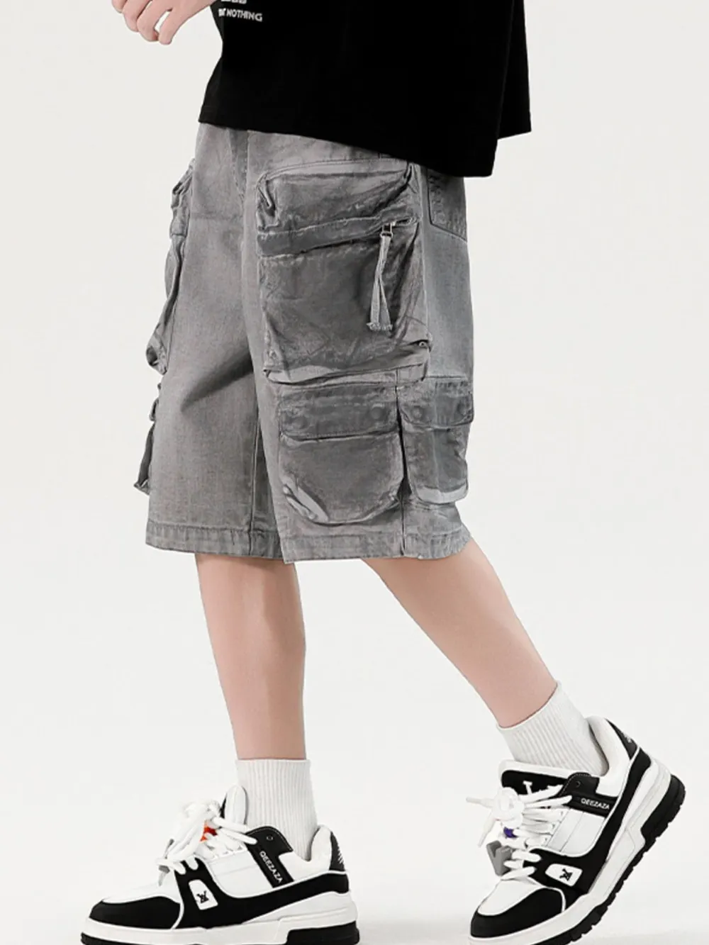 Men's Wide Leg Cargo Denim Shorts, image 4