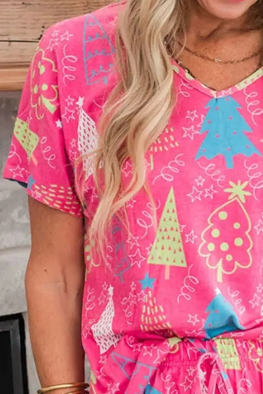 Printed V-Neck Short Sleeve Top and Pants Lounge Set, image 2