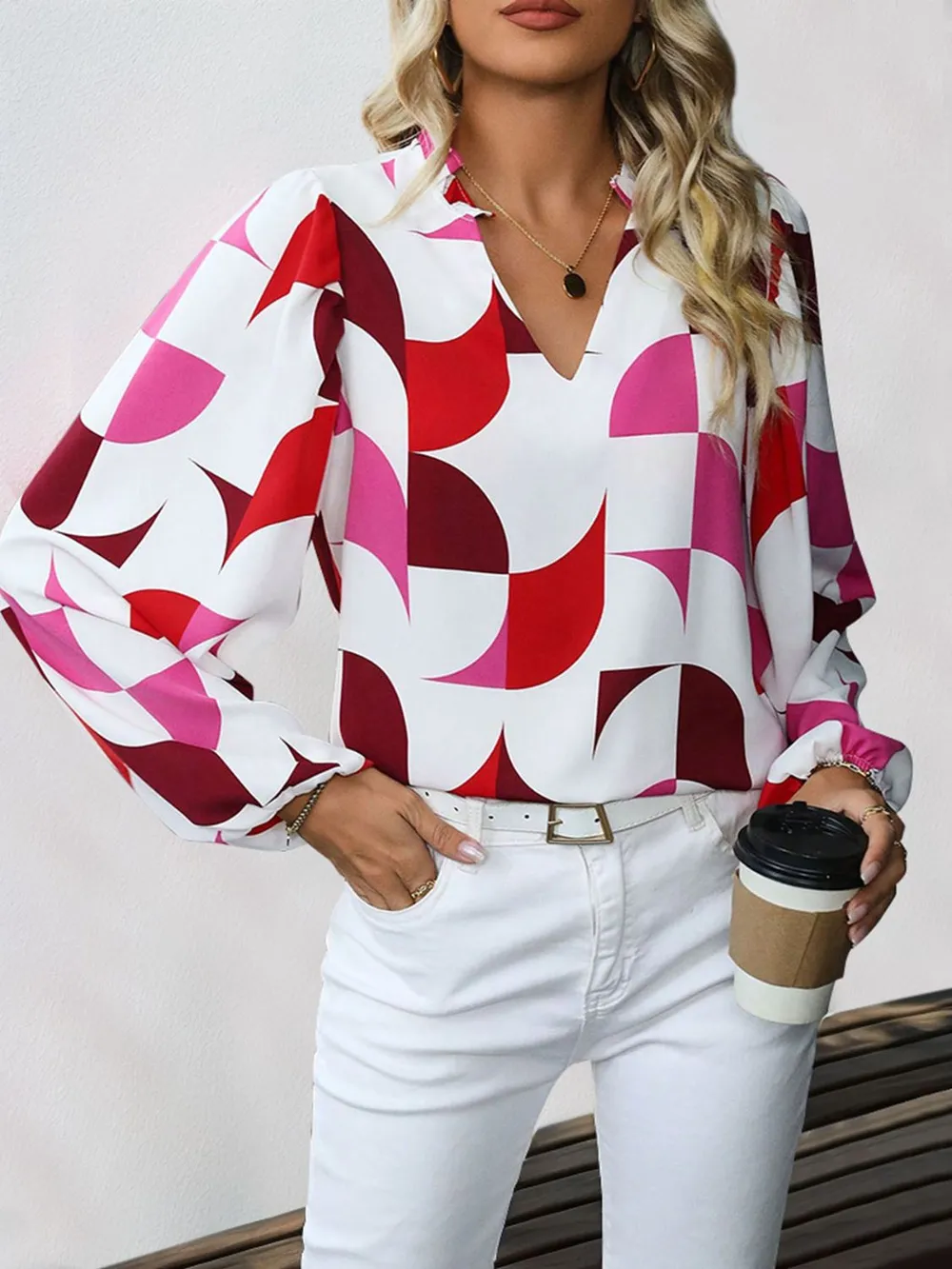Frill Notched Long Sleeve Blouse, image 3