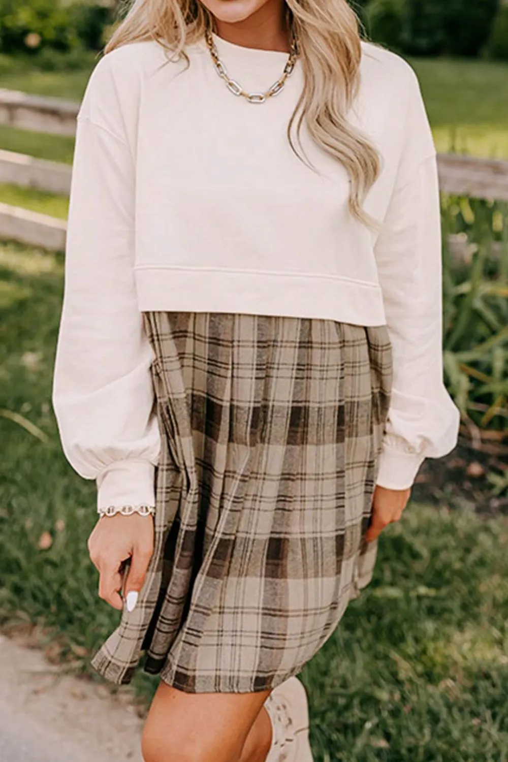 Plaid Round Neck Long Sleeve Mini Dress, image 2