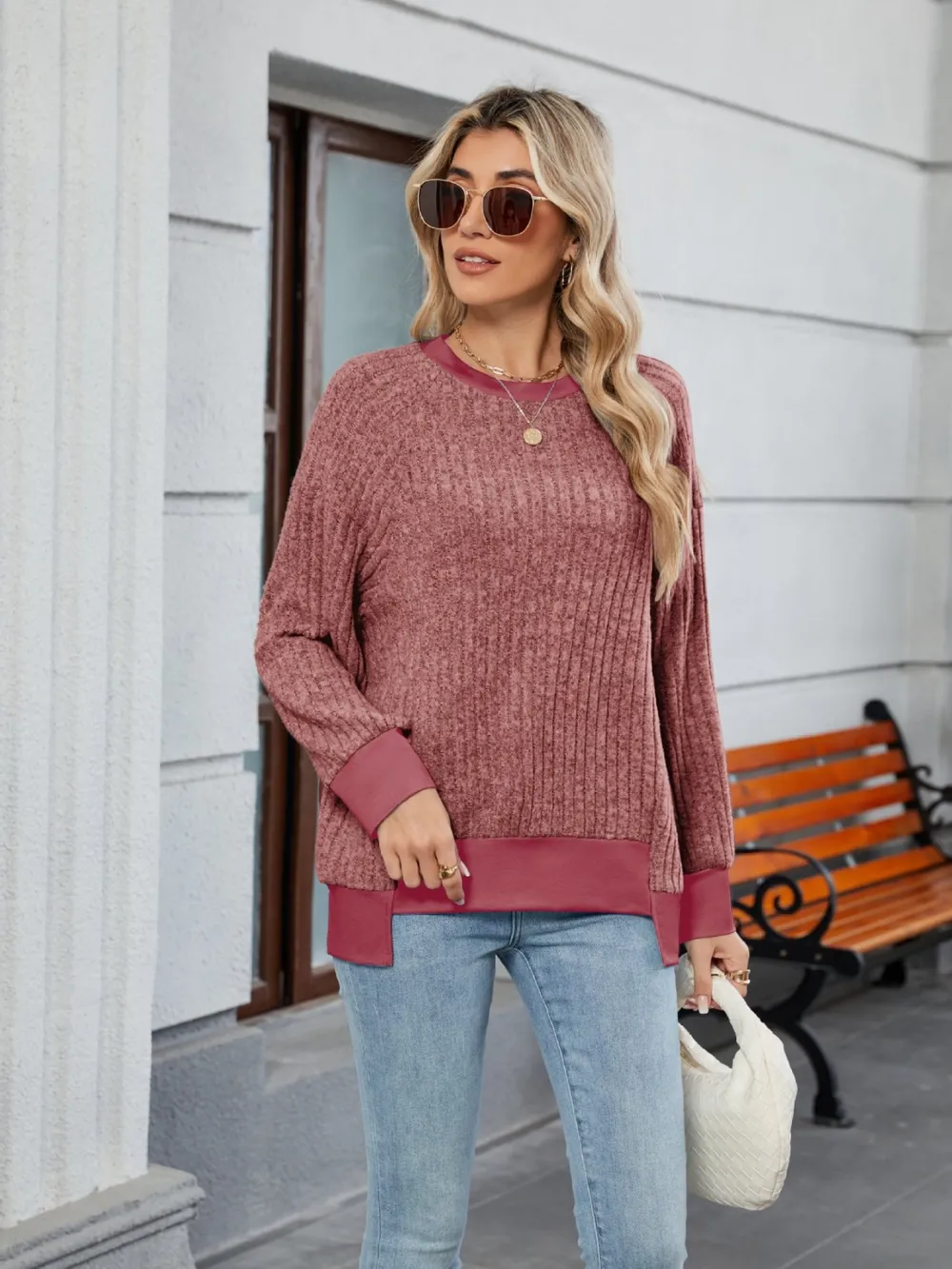 Contrast Trim Round Neck Long Sleeve T-Shirt, image 24