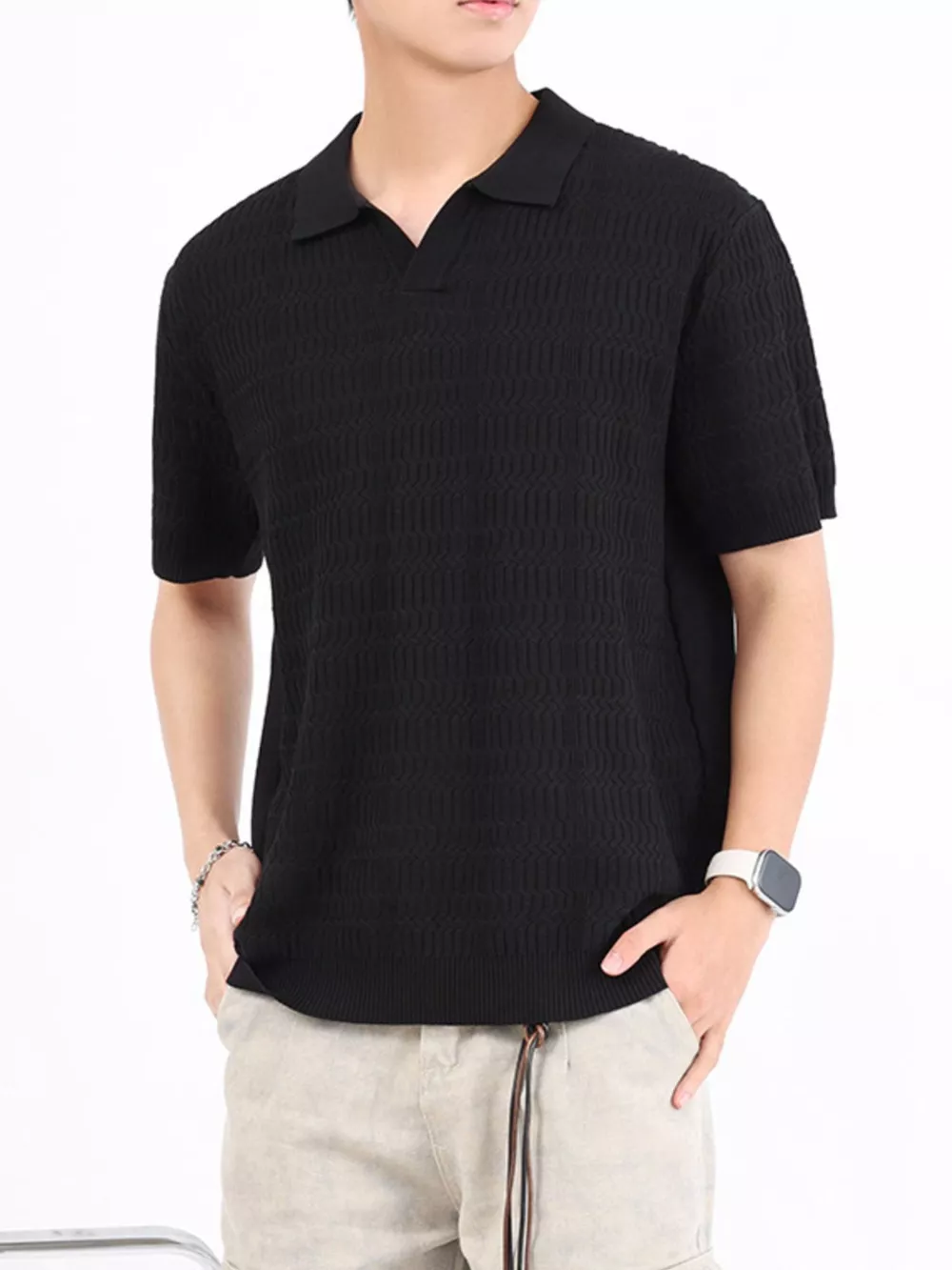 Men's Plus Size Textured Knit Short Sleeve Polo