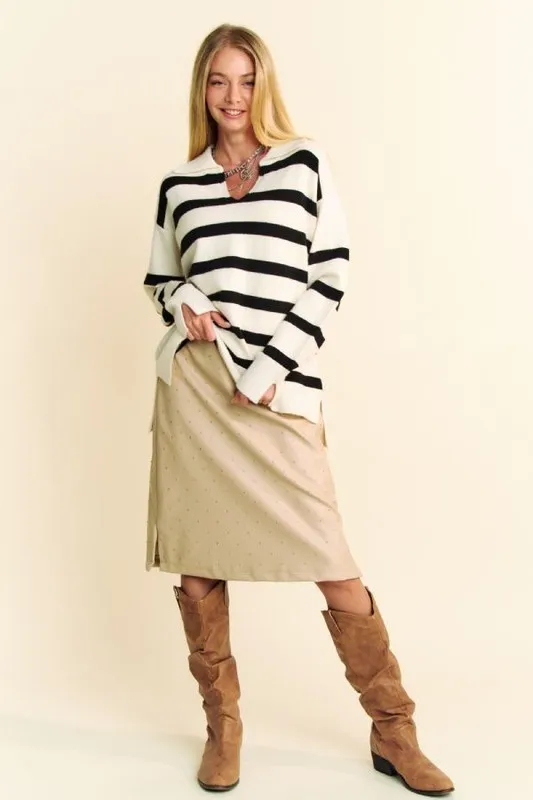High-Low Side Slit Striped Johnny Collar Sweater, image 5