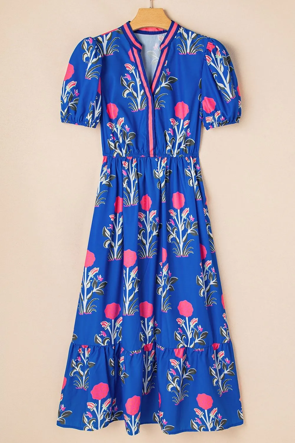 Floral Puff Short Sleeve Notched High Waist Dress, image 2