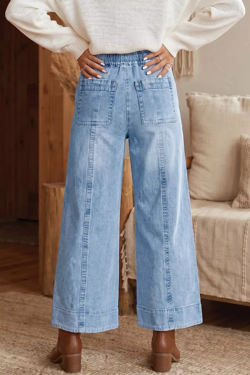 Drawstring Waist Wide Leg Ankle Length Jeans, image 2