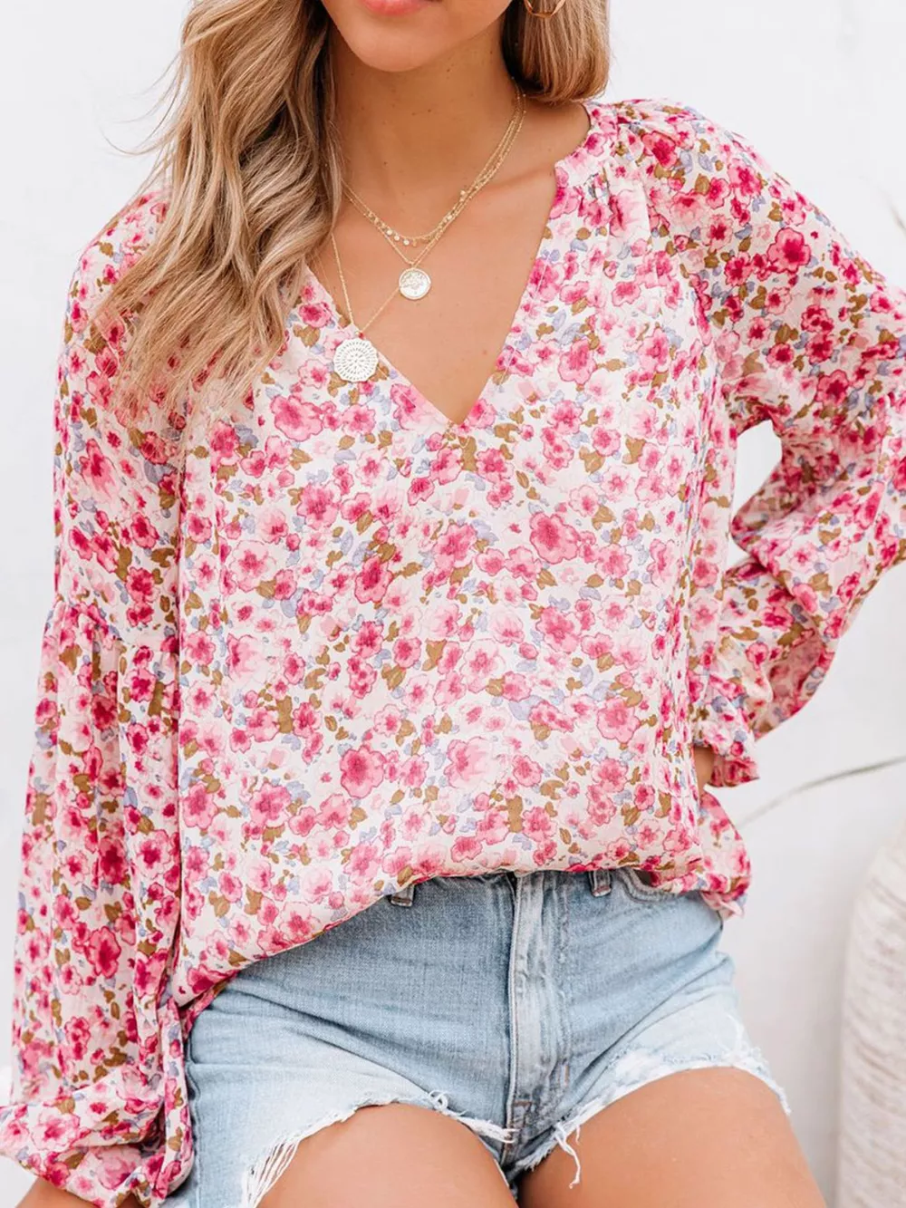 Full Size Floral Print V-Neck Long Sleeve Blouse Plus Size, image 5