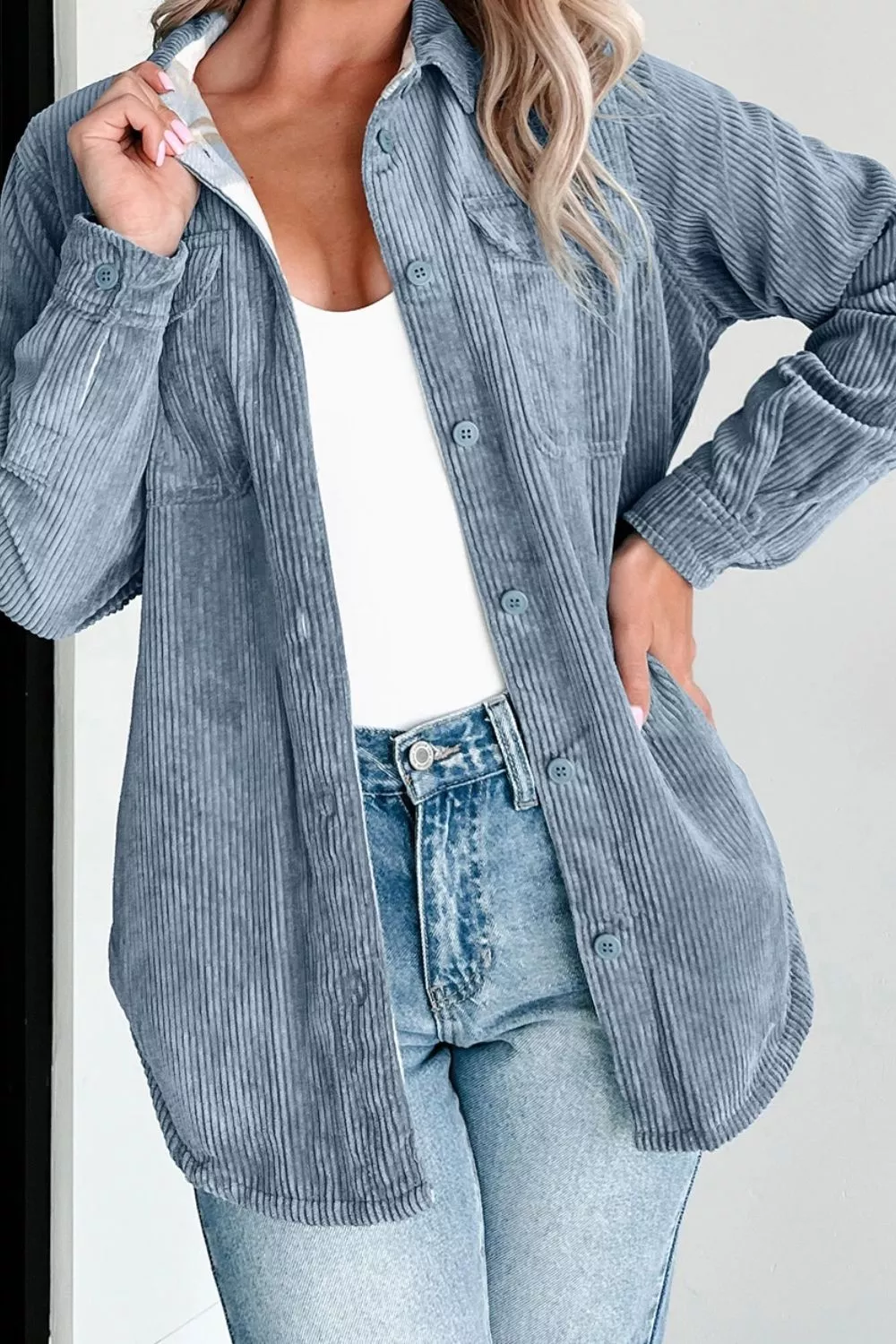 Corduroy Plaid Button-Up Shacket, image 2