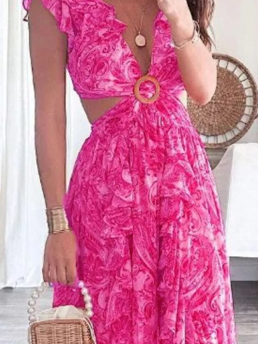 Full Size Ruffled Cutout V-Neck Maxi Dress Plus Size, image 10