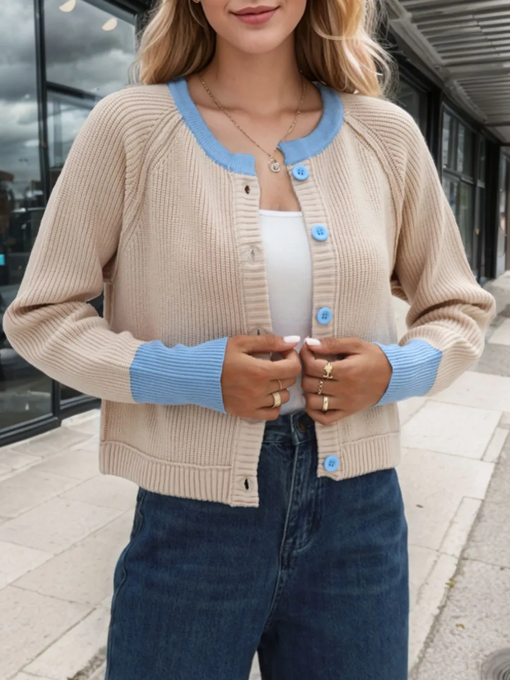 Contrast Button Up Long Sleeve Cardigan, image 2